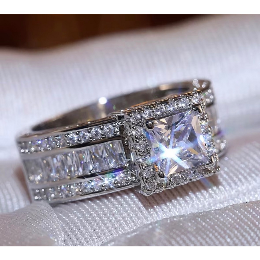 Unbranded White Gold Princess Cut Square CZ Halo Statement Cocktail Ring in Silv - Picture 5 of 5